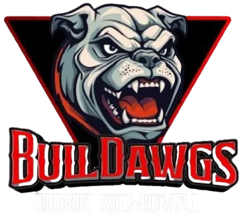 BullDawgs Junk Removal logo featuring a fierce bulldog head inside a red triangle with bold text