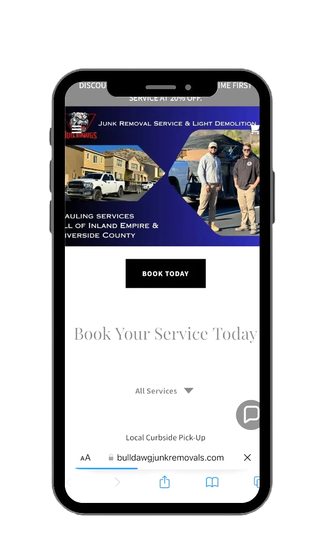 Screenshot of BullDawgs Junk Removal mobile website showing booking section with service images and "Book Today" button
